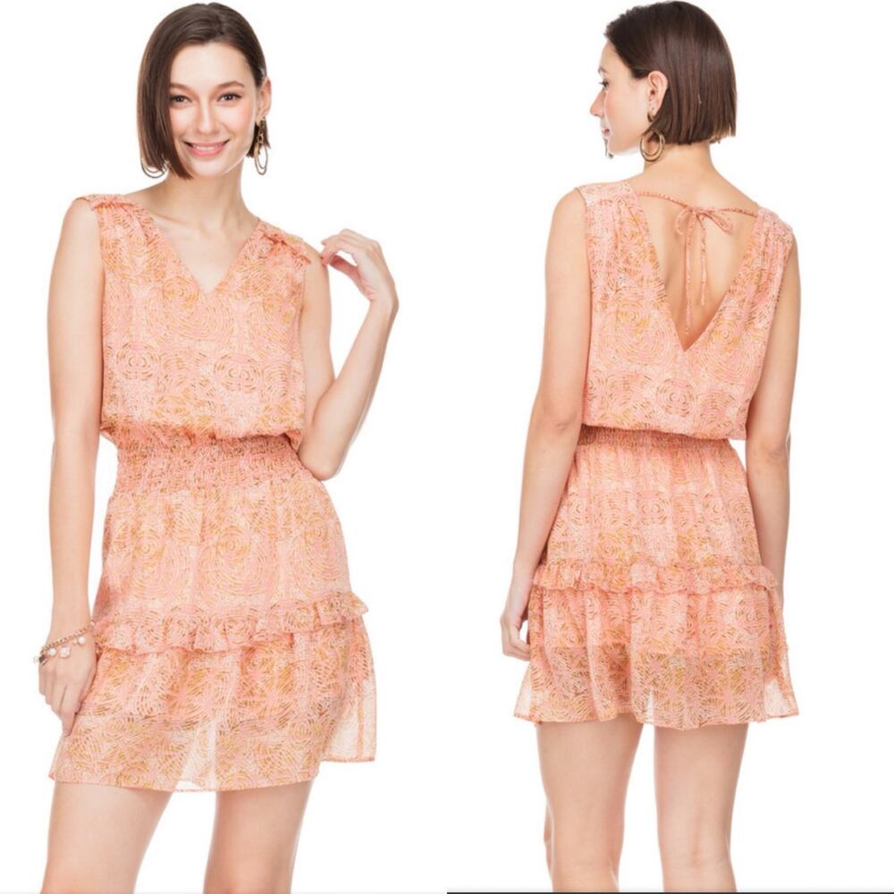 JOY JOY Cinch Waist Sleeveless V-Neck Mini Dress Sandy Waves Pink Large